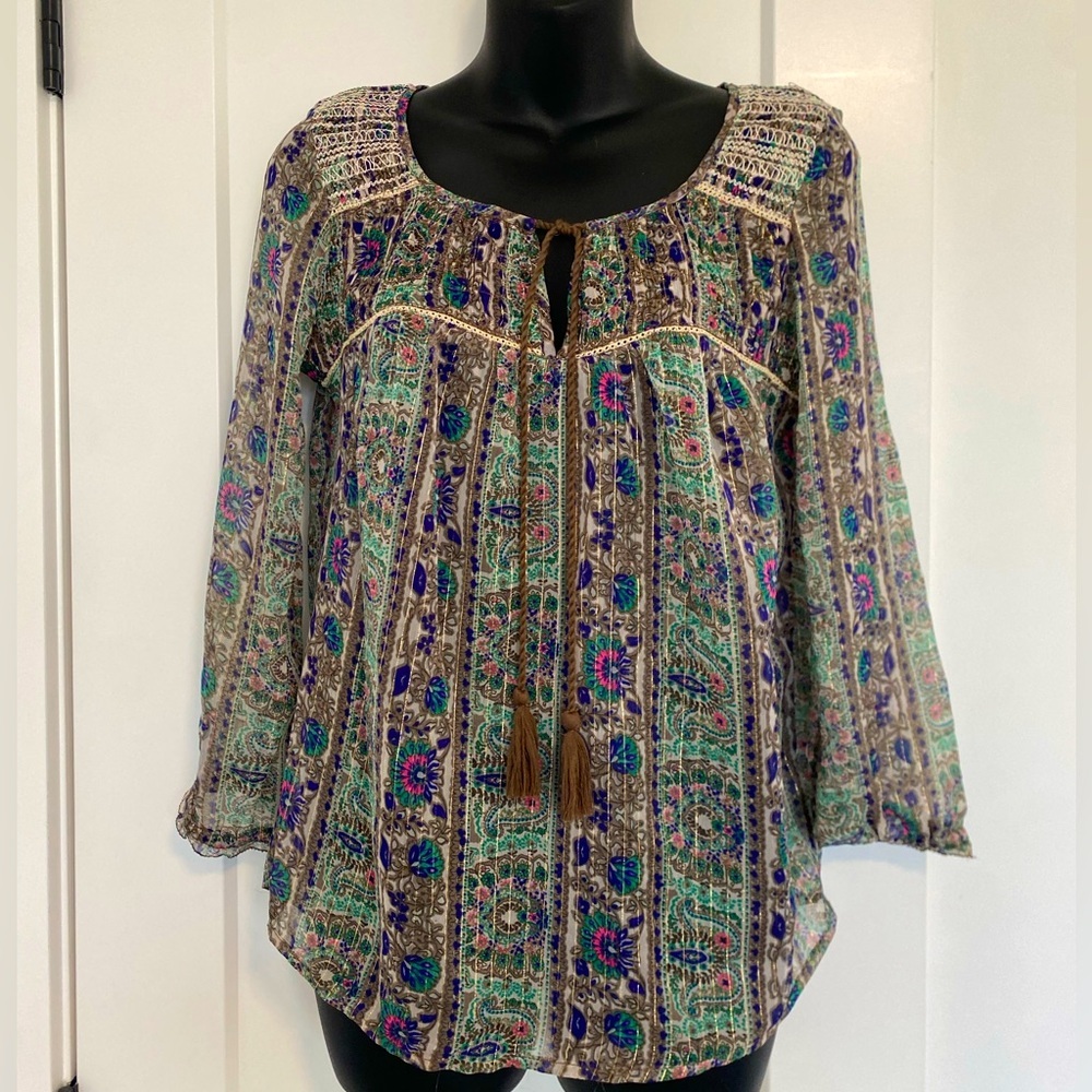 American Eagle Tie Front Printed Long Sleeve Top Boho Sheer Blouse Size XS‎